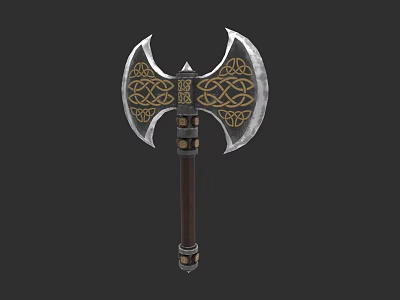 Decorative Double Headed Axe With Intricate Patterns Wooden Handle And Metal Accents 3d model