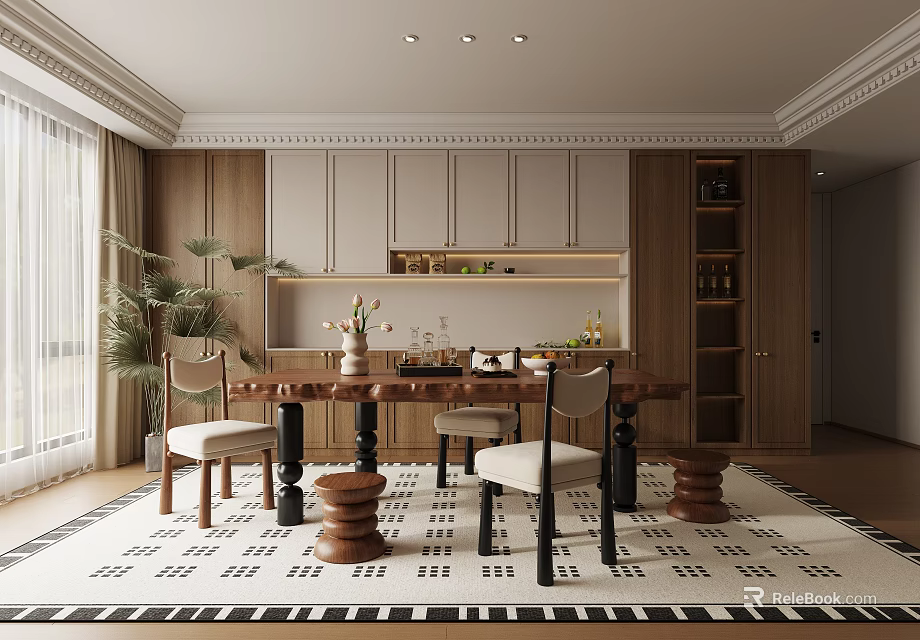 Modern Restaurant Interior With Wooden Dining Table Chairs Decorative Plants And Patterned Rug 3d model 