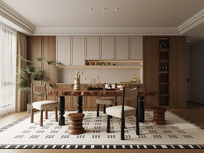 Modern Restaurant Interior With Wooden Dining Table Chairs Decorative Plants And Patterned Rug 3d model