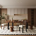 Modern Restaurant Interior With Wooden Dining Table Chairs Decorative Plants And Patterned Rug
