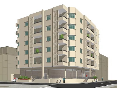 Modern Multistory Apartment Building With Balconies Ground Floor Entrance And Greenery 3d model