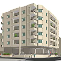 Modern Multistory Apartment Building With Balconies Ground Floor Entrance And Greenery