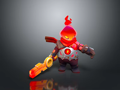 Fiery Red Hooded Creature With Glowing Eyes Holding Large Orange Key Weapon 3d model