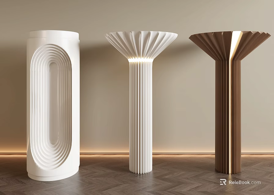 Modern Decorative Columns With Curved White And Brown Designs And Built In Lighting 3d model 