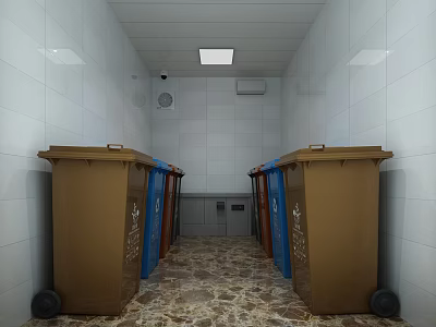Indoor Waste Sorting Space With Brown And Blue Trash Bins And White Tile Walls 3d model