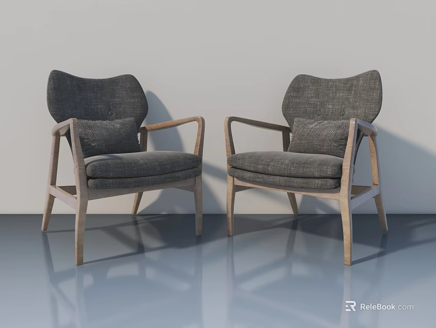 Two Gray Fabric Chairs With Wooden Armrests In Light Wall Room 3d model 