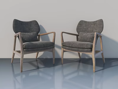 Two Gray Fabric Chairs With Wooden Armrests In Light Wall Room 3d model