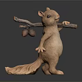 Cute Brown Squirrel Statue Carrying Branch With Acorns On Dark Background