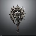 Detailed Mechanical Spiked Warhammer Weapon With Circular Metal Design And Grip Handle