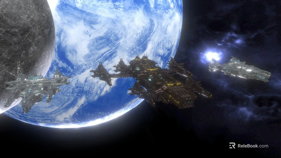 Sci Fi Spacecraft Flying Near Earth And Moon In Outer Space 3d model 