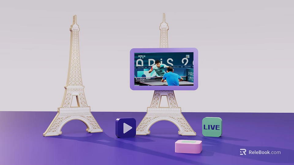 Eiffel Tower Models With Screen Showing Paris Live And Play Button On Purple Background 3d model