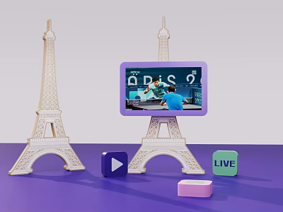 Eiffel Tower Models With Screen Showing Paris Live And Play Button On Purple Background 3d model