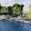 Waterfront Landscape with Terraced Design Willow Trees and Green Lawns Near Water Body