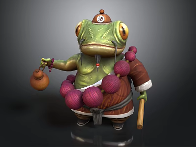 Cartoon Green Frog Character With Hat Number 6 On Forehead Pink Beads Gourd And Staff 3d model