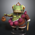 Cartoon Green Frog Character With Hat Number 6 On Forehead Pink Beads Gourd And Staff
