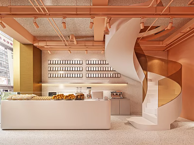 Modern Bubble Tea Shop Interior With Spiral Staircase And Display Shelves 3d model