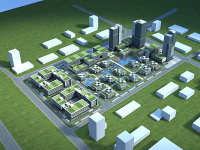 Modern Industrial Factory Complex Featuring Green Roofs in Urban Industrial Park Layout 3d model