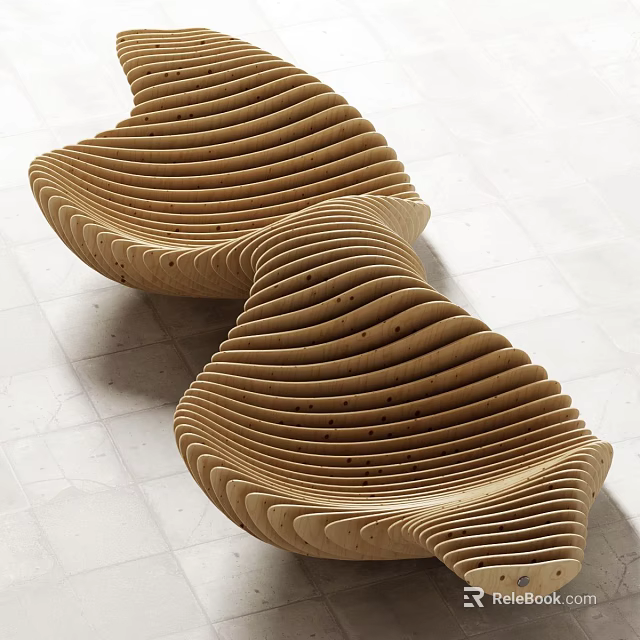 Modern Sculptural Public Chair With Wooden Wavy Striped Design And Curved Structure 3d model 