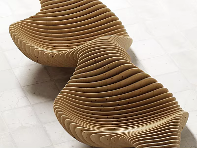 Modern Sculptural Public Chair With Wooden Wavy Striped Design And Curved Structure 3d model