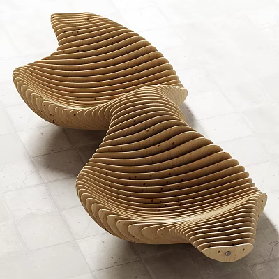 Modern Sculptural Public Chair With Wooden Wavy Striped Design And Curved Structure 3d model