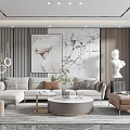 Elegant Modern Living Room Interior With Beige Sofa Round Coffee Table And Marble Painting