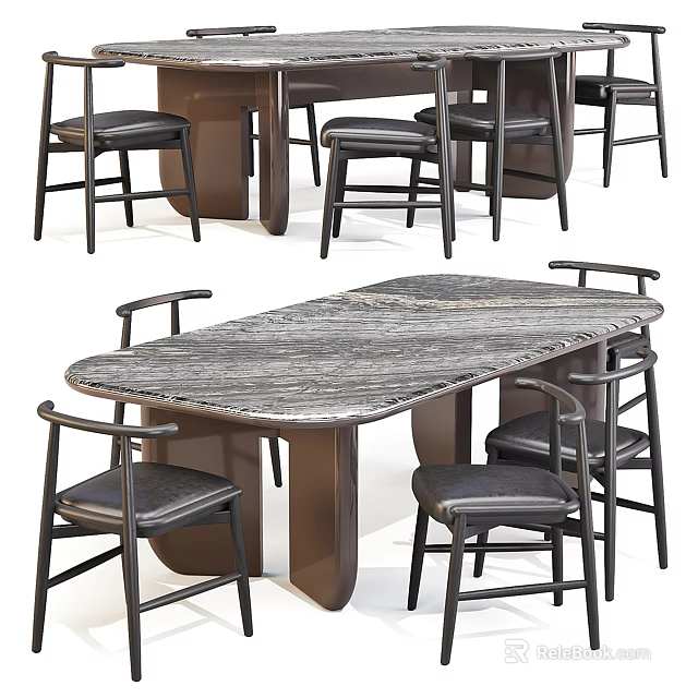 Modern Dining Table Set With Marble Texture Tabletop And Dark Upholstered Chairs 3d model