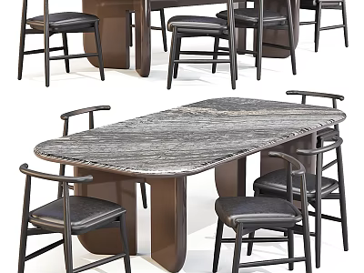 Modern Dining Table Set With Marble Texture Tabletop And Dark Upholstered Chairs 3d model