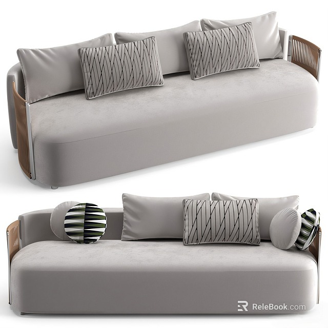 Modern Gray Velvet Sectional Sofa With Wooden Arms And Decorative Pillows 3d model 