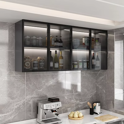 Light Luxury Glass Door Hanging Cabinet Kitchen Supplies Seasoning Condiment Coffee Machine 3d model