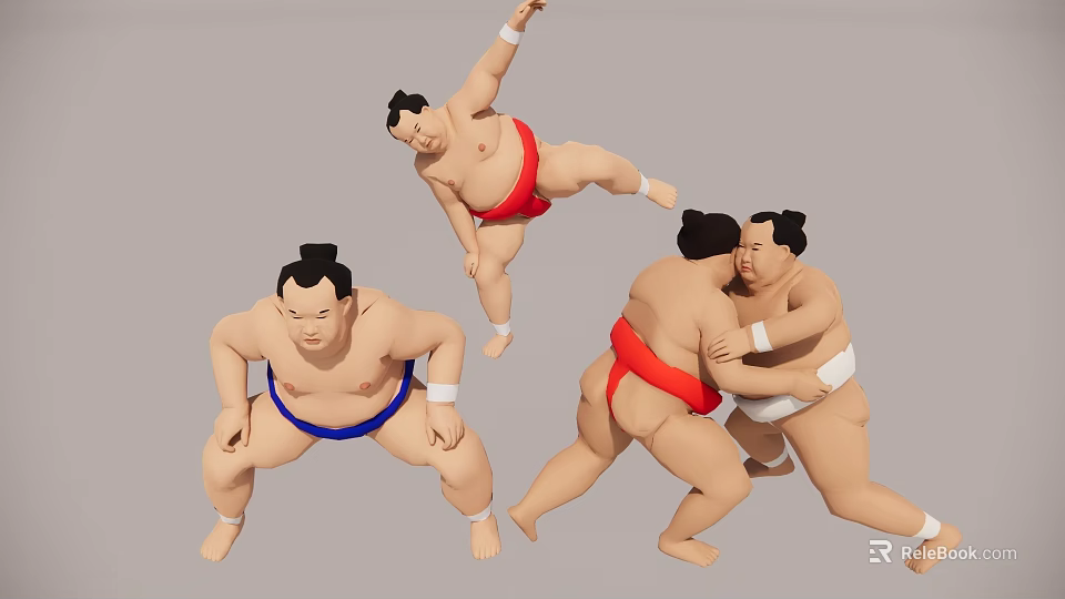 Multiple Sumo Wrestlers in Traditional Mawashi Performing Standing Jumping and Grappling Moves 3d model 
