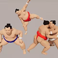 Multiple Sumo Wrestlers in Traditional Mawashi Performing Standing Jumping and Grappling Moves