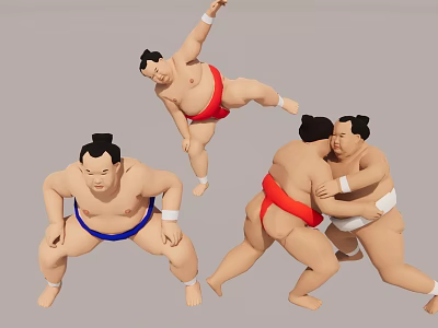 Multiple Sumo Wrestlers in Traditional Mawashi Performing Standing Jumping and Grappling Moves 3d model
