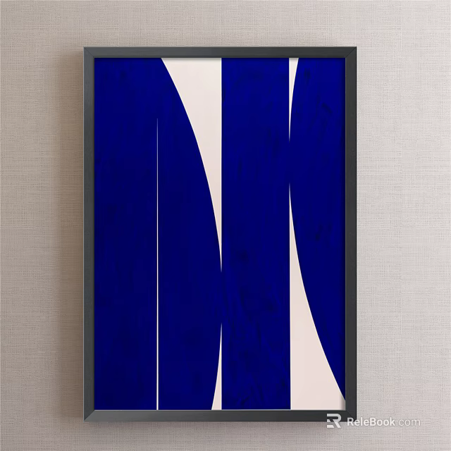 Blue and White Geometric Decorative Artwork With Black Frame on Light Colored Wall 3d model