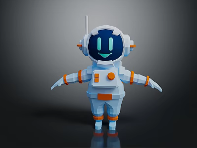 Low Poly Astronaut Sculpture Carving With Helmet Antenna Outstretched Arms And Blue Orange Details 3d model