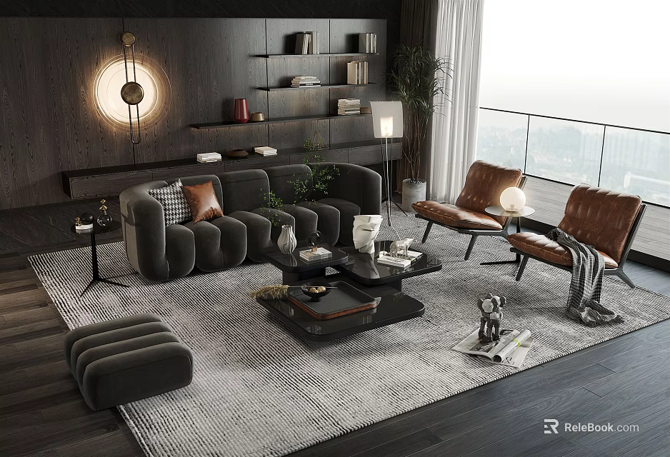 Modern Dark Gray Sofa And Coffee Table Set With Leather Armchairs Floor To Ceiling Windows 3d model 