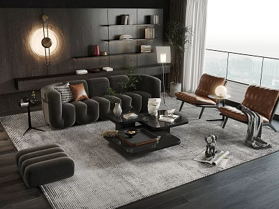 Modern Dark Gray Sofa And Coffee Table Set With Leather Armchairs Floor To Ceiling Windows 3d model