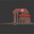 3D Mechanical Design Model Featuring Hexagonal Base Red Brown Pipes Platform And Emblem 3d model