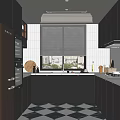Modern Kitchen Interior Design With Black Cabinets White Countertops Appliances And Checkered Floor