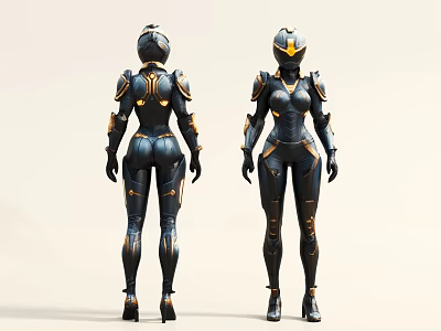 Female Game Movie Character in Black Gold Armor Front Back Views with Sci Fi Design 3d model