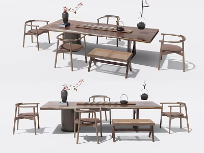 Natural Wood Tea Table and Chairs with Vase Tea Sets and Backrest Bench 3d model