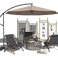 Stylish Black Outdoor Chairs with Wooden Legs and Round Rattan Coffee Table Under Brown Arc Sunshade
