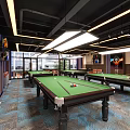 Billiard Room Interior With Green Tables Sofa Seats And Ceiling Lights 3d model