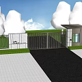 Automatic Metal Entrance Gate With Pillars And Building Against Blue Sky And Grass