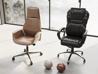 Two Modern Leather Office Chairs Brown And Black In Bright Room 3d model