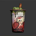 Decorative Drinking Cup With Straw Melting Green Topping Strawberry Pattern Red Rim