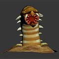 Fierce 3D Monster Model With Orange Yellow Stripes Open Mouth Sharp Fangs on Dirt Base