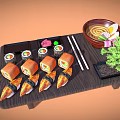 Japanese Ramen And Sushi Served With Chopsticks On Wooden Tray