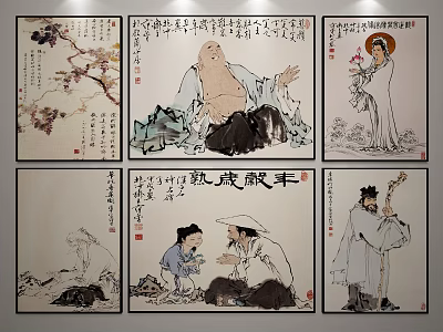 Traditional Chinese Figure Paintings With Classical Characters Ink Wash Style And Calligraphy Elements 3d model