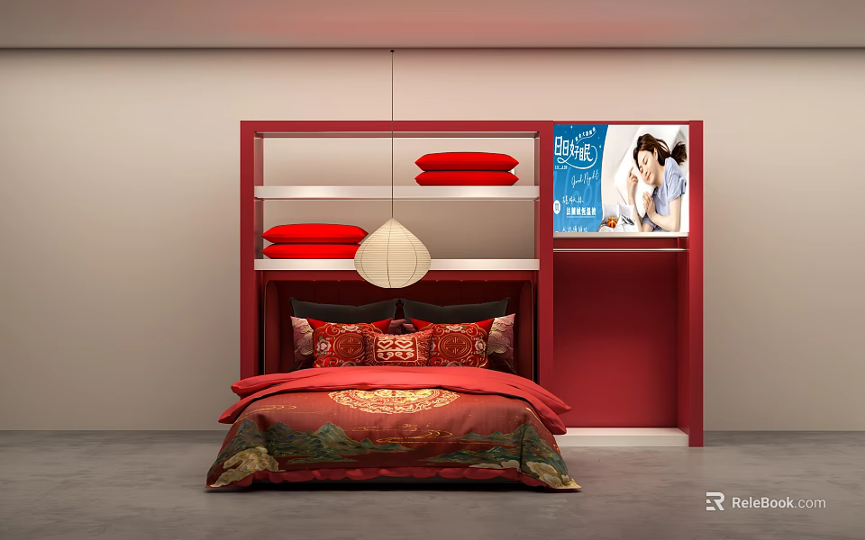 Store Interior With Red Bed Frame Red Gold Bedding Pillows White Pendant Lamp And Poster 3d model 