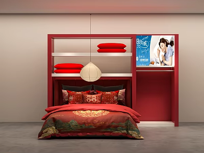 Store Interior With Red Bed Frame Red Gold Bedding Pillows White Pendant Lamp And Poster 3d model